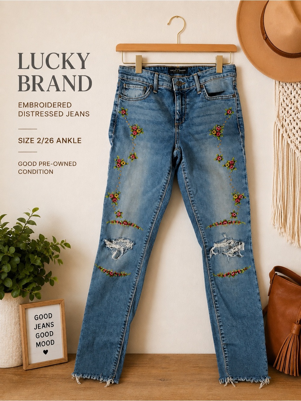 Lucky Brand Floral Embroidered Distressed Ankle Jeans Size 2/26 boho raw hem